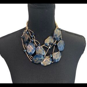 💙Necklace Hand-Painted Lucite Blue & Gold Chunky Boho Statement Art-to-Wear